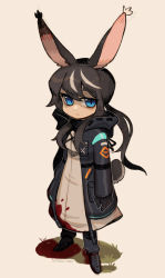 Rule 34 | 1girl, absurdres, animal ears, black hair, blood, blood on clothes, blue eyes, closed mouth, expressionless, full body, highres, looking at viewer, multicolored hair, original, ponytail, rabbit ears, rabbit girl, rabbit tail, sharktuna, solo, tail, white hair