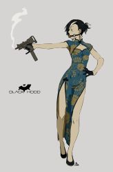 Rule 34 | 1girl, absurdres, black gloves, black hair, blue eyes, breasts, china dress, chinese clothes, covered erect nipples, dress, ear piercing, floral print, full body, gag, gloves, grey background, gun, hand on own hip, highres, holding, holding gun, holding weapon, iwado anna, kamezaemon, mini uzi, original, piercing, ponytail, side slit, simple background, solo, submachine gun, weapon, white hair, wiffle gag