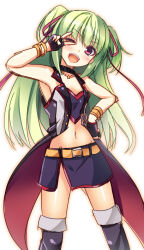Rule 34 | 1girl, :d, alternate costume, aria (koiiroharemoyou), bare shoulders, belt, black choker, black gloves, black skirt, blunt bangs, blush, breasts, choker, commentary, cowboy shot, excited, fingerless gloves, gloves, gold bracelet, green hair, hair ribbon, hand on own hip, hand up, happy, head tilt, hime cut, hip vent, jewelry, long hair, looking at viewer, miniskirt, murasame (senren), navel, necklace, one eye closed, open mouth, red eyes, red ribbon, ribbon, senren banka, shiny skin, sidelocks, simple background, skirt, small breasts, smile, solo, standing, star (symbol), star necklace, stomach, straight hair, teeth, thighs, two side up, upper teeth only, v-shaped eyebrows, v over eye, very long hair, white background, yellow belt