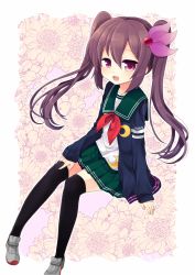 Rule 34 | 10s, 1girl, alternate hairstyle, black thighhighs, brown hair, crescent, crescent pin, floral background, green skirt, jacket, kantai collection, kisaragi (kancolle), kisaragi kai ni (kancolle), long hair, looking at viewer, nagasioo, open mouth, purple eyes, school uniform, serafuku, shoes, skirt, sleeves past wrists, solo, thighhighs, twintails, uwabaki
