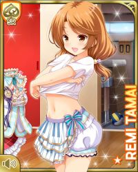 Rule 34 | 1girl, bare legs, bow, brown eyes, brown hair, card (medium), day, dressing, dressing room, girlfriend (kari), gloves, indoors, looking at viewer, low twintails, official art, open mouth, qp:flapper, shirt, skirt, smile, solo, striped, striped bow, tagme, tamai remi, twintails, white bow, white gloves, white shirt, white skirt