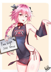 Rule 34 | 1boy, absurdres, artist name, astolfo (fate), bare shoulders, black bow, bow, braid, commentary request, detached sleeves, fate/grand order, fate (series), hair bow, hair intakes, hair ribbon, highres, holding, holding pen, holding sign, long hair, looking at viewer, male focus, multicolored hair, nekobox, pen, pink hair, purple eyes, revealing clothes, ribbon, sign, single braid, smile, solo, streaked hair, tongue, tongue out, trap, white hair