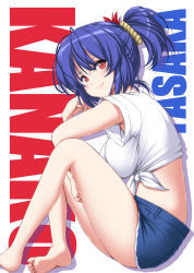 Rule 34 | 1girl, alternate costume, alternate hairstyle, bare legs, barefoot, blue hair, blush, character name, commentary request, crop top, cutoffs, denim, denim shorts, drop shadow, from side, hair ornament, highres, knees up, leaf hair ornament, looking at viewer, midriff, nori tamago, ponytail, red eyes, rope, shirt, short hair, short ponytail, short shorts, short sleeves, shorts, sitting, smile, solo, thighs, tied shirt, touhou, white background, white shirt, yasaka kanako