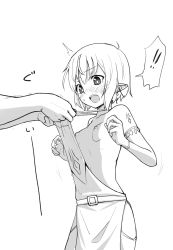 Rule 34 | !, 1girl, 1other, armlet, breasts, clothes pull, earrings, elf, embarrassed, highres, jewelry, monochrome, nipples, open mouth, original, pirafumodoki, pointy ears, pulling another&#039;s clothes, short hair, shoulder tattoo, small breasts, spoken exclamation mark, tattoo
