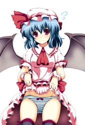 Rule 34 | &gt;:(, 1girl, ascot, bat wings, black thighhighs, bow, bow panties, breasts, clothes lift, dress, dress lift, frown, hat, highres, light purple hair, looking at viewer, mob cap, nekur, panties, pink dress, puffy short sleeves, puffy sleeves, red eyes, remilia scarlet, short hair, short sleeves, skindentation, skirt, skirt lift, small breasts, solo, standing, striped clothes, striped panties, thighhighs, touhou, underwear, upskirt, v-shaped eyebrows, wings, wrist cuffs