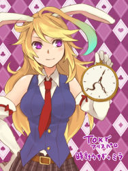 Rule 34 | 1girl, ahoge, alternate costume, animal ears, argyle, argyle background, argyle clothes, bad id, bad pixiv id, blonde hair, clock, elbow gloves, gloves, hand on own hip, hip focus, kemonomimi mode, long hair, milla maxwell, necktie, potechi norisio, purple background, purple eyes, rabbit ears, smile, solo, tales of (series), tales of xillia, white gloves