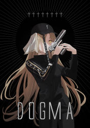 Rule 34 | 1girl, baseball cap, black background, black hat, black jacket, black pants, brown hair, chihuri, closed mouth, commentary, cross, desert eagle, gun, hair over one eye, handgun, hands up, hat, highres, holding, holding gun, holding weapon, jacket, latin cross, long hair, long sleeves, nijisanji, pants, pistol, sister claire, smile, solo, streetwear, trigger discipline, two-handed, very long hair, virtual youtuber, weapon, weapon request, yellow eyes