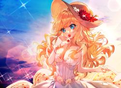 Rule 34 | 1girl, :o, baocaizi, bare shoulders, blonde hair, blue eyes, breasts, cherry, cleavage, commentary request, dress, flower, food, fruit, hand up, hat, hat flower, highres, holding, idolmaster, idolmaster cinderella girls, jewelry, large breasts, light, long hair, looking at viewer, necklace, ohtsuki yui, open mouth, red flower, shell, shell necklace, shiny skin, solo, sparkle, sun, sun hat, wavy hair, white dress