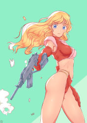 Rule 34 | 1girl, absurdres, alpha (game), aqua background, blonde hair, blue eyes, breasts, chris (alpha), closed mouth, crop top, elbow gloves, finger on trigger, floating hair, gloves, gun, hand on own leg, highres, holding, holding gun, holding weapon, light frown, long hair, medium breasts, navel, panties, red gloves, red panties, roma no fuhiga, shell casing, smoke, solo, square enix, standing, turtleneck, underwear, weapon