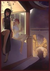 Rule 34 | 10s, 2girls, akemi homura, alternate costume, arch, architecture, bare arms, bare legs, black dress, black footwear, black hair, blackrabbitsoul, building, canal, china dress, chinese clothes, dress, east asian architecture, hairband, high heels, highres, kaname madoka, long hair, looking at viewer, mahou shoujo madoka magica, mahou shoujo madoka magica (anime), moon, multiple girls, night, night sky, no socks, outdoors, pink hair, red eyes, red hairband, reflection, shoes, short sleeves, sitting, sky, smile, star (sky), stiletto heels, white dress, white footwear, yellow eyes