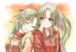 Rule 34 | 2girls, :d, ^ ^, breasts, brown shirt, brown sweater, closed eyes, closed mouth, collarbone, commentary request, green eyes, green hair, hair ribbon, happy, highres, higurashi no naku koro ni, light blush, long hair, looking at another, looking to the side, multiple girls, open mouth, parted bangs, ponytail, red shirt, red sweater, ribbon, rin (yuuuu rinnnn), shirt, siblings, sisters, smile, sonozaki mion, sonozaki shion, star (symbol), starry background, sweater, twins, unmoving pattern, upper body, yellow ribbon