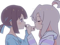 Rule 34 | 2girls, ahoge, blue hair, blue shirt, blunt bangs, blunt ends, blush stickers, brown eyes, brown hair, chocolate, closed eyes, commentary, dainaru, facing another, feeding, finger in another&#039;s mouth, from side, genderswap, genderswap (mtf), grey hair, highres, hood, hood down, hoodie, hozuki momiji, long hair, long sleeves, looking at another, multicolored hair, multiple girls, mutual feeding, onii-chan wa oshimai!, open mouth, oyama mahiro, pink hair, profile, shirt, short hair, short ponytail, simple background, striped clothes, striped hoodie, two-tone hair, valentine, white background, yuri