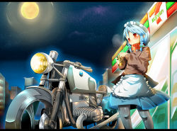 Rule 34 | 1girl, 7-eleven, blue hair, bmw, braid, building, can, convenience store, dress, female focus, full moon, highres, izayoi sakuya, jacket, jinkou-kuu, leather, leather jacket, letterboxed, maid, maid headdress, moon, motor vehicle, motorcycle, night, pantyhose, red eyes, scarf, shop, sky, skyscraper, solo, star (sky), starry sky, touhou, twin braids, vehicle