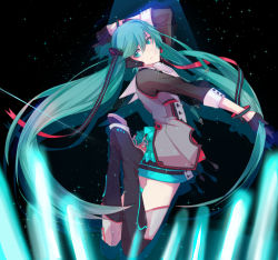 Rule 34 | 1girl, absurdres, asymmetrical legwear, bad id, bad pixiv id, black footwear, black gloves, black shirt, boots, bracelet, floating hair, full body, gloves, green eyes, green hair, hair between eyes, half gloves, hatsune miku, head tilt, headphones, highres, hoshima, jewelry, long hair, looking at viewer, magical mirai miku, magical mirai miku (2015), shirt, sky, smile, solo, star (sky), starry sky, thigh boots, thighhighs, twintails, uneven legwear, very long hair, vocaloid