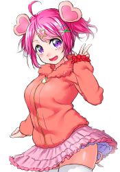 Rule 34 | 1girl, :d, ahoge, blush, breasts, copyright request, cowboy shot, hair ornament, hairclip, hand up, jacket, large breasts, looking at viewer, onsoku inu, open mouth, orange jacket, pink hair, pink skirt, purple eyes, short hair, show by rock!!, simple background, skindentation, skirt, sleeves past wrists, smile, solo, standing, star (symbol), star hair ornament, thighhighs, twintails, w, white background, white thighhighs, wind, wind lift, x hair ornament
