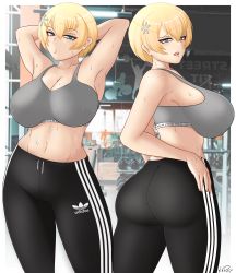 Rule 34 | 1girl, absurdres, armpits, arms behind head, ass, bare shoulders, blonde hair, blue eyes, breasts, from behind, girls&#039; frontline, hair ornament, highres, huge ass, large breasts, looking at viewer, looking back, multiple views, open mouth, pants, shiny clothes, shiny skin, short hair, sideboob, snowflake hair ornament, sports bra, sweat, tight clothes, tight pants, vsk-94 (girls&#039; frontline), xxpulp