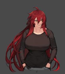 Rule 34 | 1girl, ahoge, bad id, bad twitter id, black background, breasts, collarbone, facial scar, hair between eyes, hands in pocket, highres, large breasts, long hair, long sleeves, looking to the side, open mouth, original, pinkboy, red hair, scar, scar across eye, scar on cheek, scar on face, simple background, smile, solo, yellow eyes