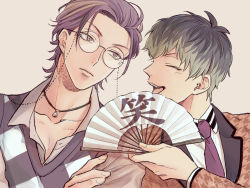Rule 34 | 2boys, :d, argyle, argyle clothes, argyle sweater, artist name, brown eyes, closed eyes, folding fan, glasses, green hir, grey hair, hand fan, hand on another&#039;s arm, highres, hypnosis mic, long sleeves, looking at another, multiple boys, necktie, nurude sasara, open mouth, purple hair, smile, sweater, tsutsujimori rosho, upper body, zattacafe