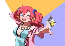 Rule 34 | 1girl, blue eyes, bra, breasts, card, digimon, digimon story: cyber sleuth, omegamon, one eye closed, red hair, shiramine nokia, smile, underwear, wink