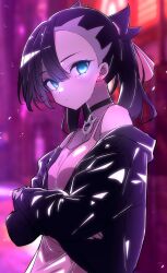 Rule 34 | 1girl, asymmetrical bangs, black choker, black jacket, blue eyes, blurry, blurry background, choker, closed mouth, commentary request, creatures (company), crossed arms, dress, game freak, highres, jacket, looking at viewer, marie (pixiv59672544), marnie (pokemon), nintendo, open clothes, open jacket, pink dress, pokemon, pokemon swsh, solo, standing