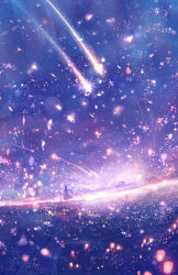 Rule 34 | 1girl, capelet, cat, commentary request, dress, glowing, light particles, long hair, original, outdoors, purple theme, sakimori (hououbds), scenery, shooting star, silhouette, standing