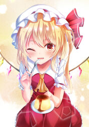 Rule 34 | 1girl, absurdres, ascot, breasts, cowboy shot, crystal, fang, flandre scarlet, food, frilled shirt collar, frilled skirt, frilled sleeves, frills, gradient background, hair between eyes, hat, hat ribbon, highres, holding, holding plate, holding spoon, looking at viewer, medium hair, mob cap, multicolored wings, name connection, object namesake, one eye closed, one side up, open mouth, plate, pudding, puffy short sleeves, puffy sleeves, red eyes, red ribbon, red skirt, red vest, ribbon, ribbon-trimmed headwear, ribbon trim, shirt, short sleeves, simple background, skirt, small breasts, solo, spoon, suraberu, touhou, vest, white hat, white shirt, wings, yellow ascot, yellow background