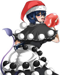 Rule 34 | 1girl, ass, bad id, bad pixiv id, black dress, blob, blue eyes, blue hair, blush, book, capelet, cowboy shot, doremy sweet, dress, hat, holding, holding book, licking, looking at viewer, looking back, matching hair/eyes, multicolored clothes, multicolored dress, naughty face, nekuraneko, nightcap, pointy ears, pointy nose, saliva, short hair, simple background, solo, tail, tapir tail, tongue, touhou, white background, white dress