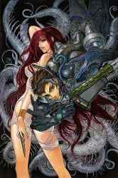 Rule 34 | 1boy, 1girl, breasts, brown eyes, brown hair, cable, cover, cover image, cover page, covered erect nipples, dress, gun, hair behind ear, highres, hip vent, holding, holding gun, holding weapon, medium breasts, novel cover, official art, oxygen tank, red eyes, red hair, tentacles, thigh strap, treasure hunter yagashiradai file, v-shaped eyebrows, weapon, white dress, yonemura kouichirou
