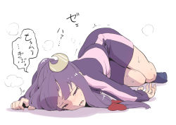 Rule 34 | 1girl, absurdres, bow, crescent, crescent hair ornament, exhausted, full body, gym shorts, gym uniform, hair bow, hair ornament, highres, jacket, kawayabug, long hair, long sleeves, lying, on side, patchouli knowledge, ponytail, purple eyes, purple hair, purple shorts, red bow, shorts, simple background, solo, sweat, touhou, track jacket, translation request, white background