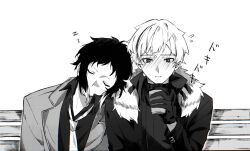 Rule 34 | 2boys, akat42273008, akutagawa ryuunosuke (bungou stray dogs), blush, bungou stray dogs, closed eyes, closed mouth, collared shirt, cup, fur-trimmed jacket, fur trim, gloves, greyscale, hand up, head on another&#039;s shoulder, highres, holding, holding cup, jacket, male focus, monochrome, multicolored hair, multiple boys, nakajima atsushi (bungou stray dogs), necktie, shirt, short hair, sleeping, two-tone hair, upper body, yaoi