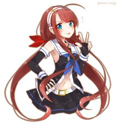 Rule 34 | 10s, 1girl, ahoge, asymmetrical bangs, bad id, bad pixiv id, blue eyes, blush, gloves, hairband, hand on own hip, kantai collection, kawakaze (kancolle), long hair, looking at viewer, no legs, ougi hina, red hair, school uniform, smile, solo, tongue, tongue out, twintails, upper body, v