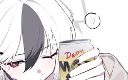 Rule 34 | beer can, black choker, black hair, black nails, blanchat, blue archive, bright pupils, can, choker, close-up, drink can, halo, highres, kayoko (blue archive), looking at viewer, multicolored hair, one eye closed, red eyes, simple background, speech bubble, squeans, two-tone hair, white background, white hair