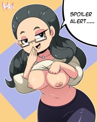Rule 34 | 1girl, absurdres, bigdead, black hair, breasts, clothes lift, commission, curvy, english text, flashing, glasses, hand to own mouth, haruno rina, highres, large breasts, looking at viewer, mature female, navel, netaballerina, nipples, shirt lift, youkai watch