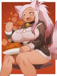 Rule 34 | 1girl, animal ears, bell, blush, bowl, breasts, character request, commentary request, commission, copyright request, dot nose, eating, fang, feet out of frame, food, highres, holding, large breasts, long hair, long sleeves, looking away, multicolored hair, neck bell, open mouth, outline, pasta, pink hair, sanjiro (tenshin anman), sanpaku, sidelocks, sitting, skeb commission, solo, spaghetti, sparkle, tareme, thick thighs, thighs, two-tone hair, white outline, zipper pull tab