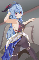 Rule 34 | 1girl, ahoge, aruman, ass, bare shoulders, blue hair, blush, bodysuit, breasts, cameltoe, covered erect nipples, from behind, ganyu (genshin impact), genshin impact, highres, horns, long hair, looking at viewer, looking back, open mouth, pantyhose, pelvic curtain, purple eyes, shiny clothes, sideboob, smile, solo, very long hair, waist cape