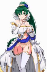 Rule 34 | blue sash, blush, breasts, bride, cleavage, clothes lift, detached sleeves, dress, earrings, fire emblem, fire emblem: the blazing blade, fire emblem heroes, garter straps, green eyes, green hair, hair ornament, hairband, hand on own chin, highres, jewelry, lyn (fire emblem), nintendo, ormille, panties, ponytail, sash, skirt, skirt lift, solo, underwear, wedding dress, white legwear