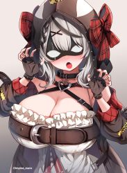 Rule 34 | 1girl, :d, belt, blush, breasts, claw pose, cleavage, eye mask, fang, female focus, fingerless gloves, frills, gloves, gradient background, grey background, hololive, holox, hood, large breasts, long hair, looking at viewer, marota, nail polish, nose blush, open mouth, sakamata chloe, sakamata chloe (1st costume), silver hair, simple background, smile, solo, upper body, virtual youtuber