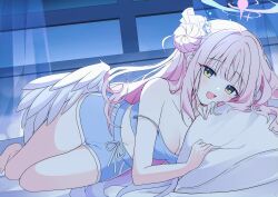 Rule 34 | 1girl, absurdres, angel wings, bare shoulders, blue archive, blush, breasts, feathered wings, flower, hair bun, hair flower, hair ornament, halo, highres, indoors, long hair, looking at viewer, low wings, lying, medium breasts, mika (blue archive), night, off shoulder, on bed, on side, open mouth, pink hair, pink halo, seno (senohime), side up bun, single hair bun, single side bun, solo, wings, yellow eyes