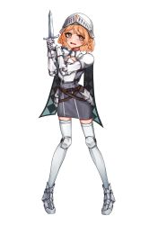 Rule 34 | 1girl, absurdres, armor, belt, breastplate, dagger, fang, gauntlets, helmet, highres, holding, holding sword, holding weapon, knife, looking at viewer, open mouth, orange hair, original, pawn (chess), personification, short hair, simple background, skirt, solo, sword, weapon, white background, yardlost, yellow eyes