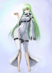 Rule 34 | 1girl, absurdres, barefoot, blush, bodysuit, breasts, c.c., cameltoe, code geass, eating, food, green hair, highres, johan (johan13), long hair, looking at viewer, medium breasts, open mouth, pizza, skin tight, solo, very long hair, yellow eyes