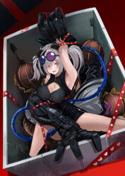 Rule 34 | 1girl, absurdres, animal ears, anizi, arknights, arm up, armpits, bare legs, bear ears, black-framed eyewear, black dress, black hair, blush, box, breasts, china dress, chinese clothes, chocolate, cleavage, cleavage cutout, clothing cutout, dress, eyewear on head, feater (arknights), grey hair, highres, in box, in container, large breasts, looking at viewer, mini person, minigirl, multicolored hair, open mouth, red eyes, round eyewear, solo, streaked hair, sunglasses, twintails, two-tone hair, valentine