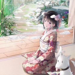 Rule 34 | 1girl, absurdres, animal, animal ears, bell, black hair, blush, bow, dog, dog ears, dog tail, floral print, flower, full body, garden, hair bow, hair flower, hair ornament, highres, indoors, japanese clothes, jingle bell, kayakooooo, kimono, long hair, long sleeves, looking at viewer, medium hair, on floor, original, own hands together, path, pink bow, pond, red kimono, revision, road, rock, seiza, sitting, sliding doors, snow, spring (season), tail, tatami, tongue, tongue out, water, white flower, wide sleeves