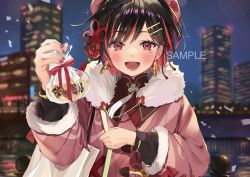 1girl absurdres blurry blurry_background brown_hair earrings flower_knot fur_trim hair_ornament hand_up highres idenshi_hina indie_virtual_youtuber jewelry looking_at_viewer mole mole_under_eye multicolored_hair open_mouth red_eyes red_hair sample_watermark short_hair solo streaked_hair sunohara_ume upper_body virtual_youtuber watermark