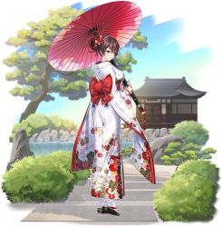 Rule 34 | absurdres, architecture, ass, back bow, blue eyes, blue sky, bow, breasts, brown hair, bush, cherry blossoms, counter:side, east asian architecture, floral print, flower, from behind, full body, hair bun, hair flower, hair ornament, highres, holding, holding umbrella, japanese clothes, kimono, large breasts, looking to the side, nanahara chifuyu, official art, oil-paper umbrella, path, pine tree, pool, red bow, red flower, red umbrella, road, rock, sandals, single hair bun, sky, smile, standing, stepping stones, tabi, tachi-e, transparent background, tree, umbrella, white flower, white footwear, white kimono, wide sleeves, yukata, zouri