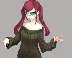 Rule 34 | 1girl, bare shoulders, blue eyes, closed mouth, cyclops, dress, grey background, grey sweater, hair ornament, highres, kuronyankokko, long hair, long sleeves, looking at viewer, off-shoulder sweater, off shoulder, one-eyed, original, red hair, simple background, solo, sweatdrop, sweater, sweater dress, twintails, upper body, wavy mouth