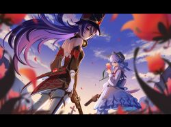 Rule 34 | 2girls, ayaka (genshin impact), backless dress, backless outfit, bare back, bare shoulders, blue dress, blue hair, blue sky, boots, chevreuse (genshin impact), commentary request, cowboy shot, day, dress, earmuffs, earmuffs around neck, flower, genshin impact, gun, handgun, hat, highres, holding, holding flower, holding gun, holding weapon, kamisato ayaka, kamisato ayaka (springbloom missive), letterboxed, long hair, long sleeves, looking at viewer, multiple girls, narahazime, outdoors, purple eyes, purple hair, red dress, shako cap, sky, standing, strapless, strapless dress, thigh boots, very long hair, weapon, white footwear