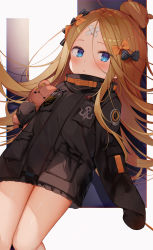 Rule 34 | 1girl, :o, abigail williams (fate), abigail williams (traveling outfit) (fate), absurdres, bandaid, bandaid on face, bandaid on forehead, black jacket, blonde hair, blue eyes, blush, bomber jacket, bow, hugging doll, dutch angle, embarrassed, fate/grand order, fate (series), hair bow, hair bun, heroic spirit traveling outfit, highres, jacket, long hair, looking at viewer, messy hair, multiple hair bows, hugging object, official alternate costume, parted bangs, shin no tenpii, single hair bun, sleeves past fingers, sleeves past wrists, solo, stuffed animal, stuffed toy, surprised, teddy bear, very long hair