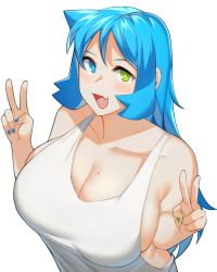 Rule 34 | 1girl, blue eyes, blue hair, blue nails, blush, breasts, cleavage, collarbone, double v, eyebrows, fang, green eyes, green nails, heterochromia, highres, large breasts, long hair, looking at viewer, mole, mole on breast, nail polish, open mouth, original, saru (monkey magic3), skin fang, smile, solo, tank top, upper body, v