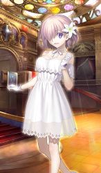 Rule 34 | 1girl, :d, bare shoulders, choker, collarbone, craft essence (fate), dress, fate/grand order, fate (series), flower, gloves, hair flower, hair ornament, hair over one eye, heroic spirit formal dress, indoors, lily (flower), looking at viewer, mash kyrielight, mash kyrielight (formal dress), official alternate costume, official art, open mouth, purple eyes, purple hair, ribbon choker, see-through, short dress, short hair, smile, solo, standing, takeuchi takashi, white dress, white gloves, white neckwear
