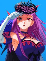Rule 34 | 1girl, bare shoulders, breasts, cleavage, dress, elbow gloves, fascinator, female focus, fire emblem, fire emblem engage, flower, gloves, hair ornament, highres, ivy (fire emblem), jewelry, large breasts, long hair, looking at viewer, mole, mole under mouth, nintendo, open mouth, purple eyes, purple hair, rose, solo, sweat, umi meteo, very long hair, white gloves